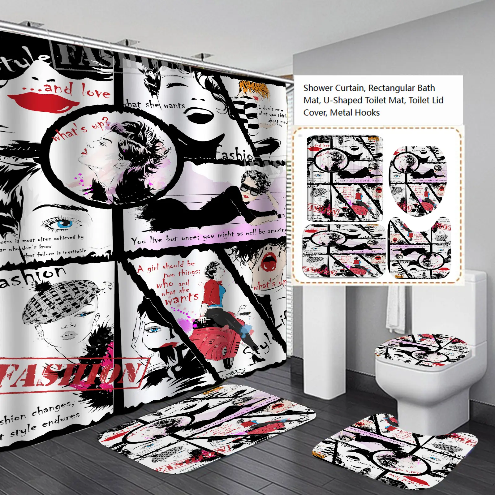 Women's Fashion Figure Graffiti 4-Piece Shower Curtain Set - Pop Art Vintage Portrait Bathroom Decor, Waterproof Privacy Curtain, Non-Slip Absorbent Sponge Bath Mat, U-Shaped Toilet Rug, Toilet Lid Cover for Home Bathrooms, Installation, Washable