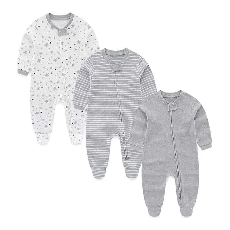 Kiddiezoom 3Pcs Autumn Winter Unisex Newborn Solid Zipper Baby Boy Girl Rompers 100% Cotton Baby Clothing