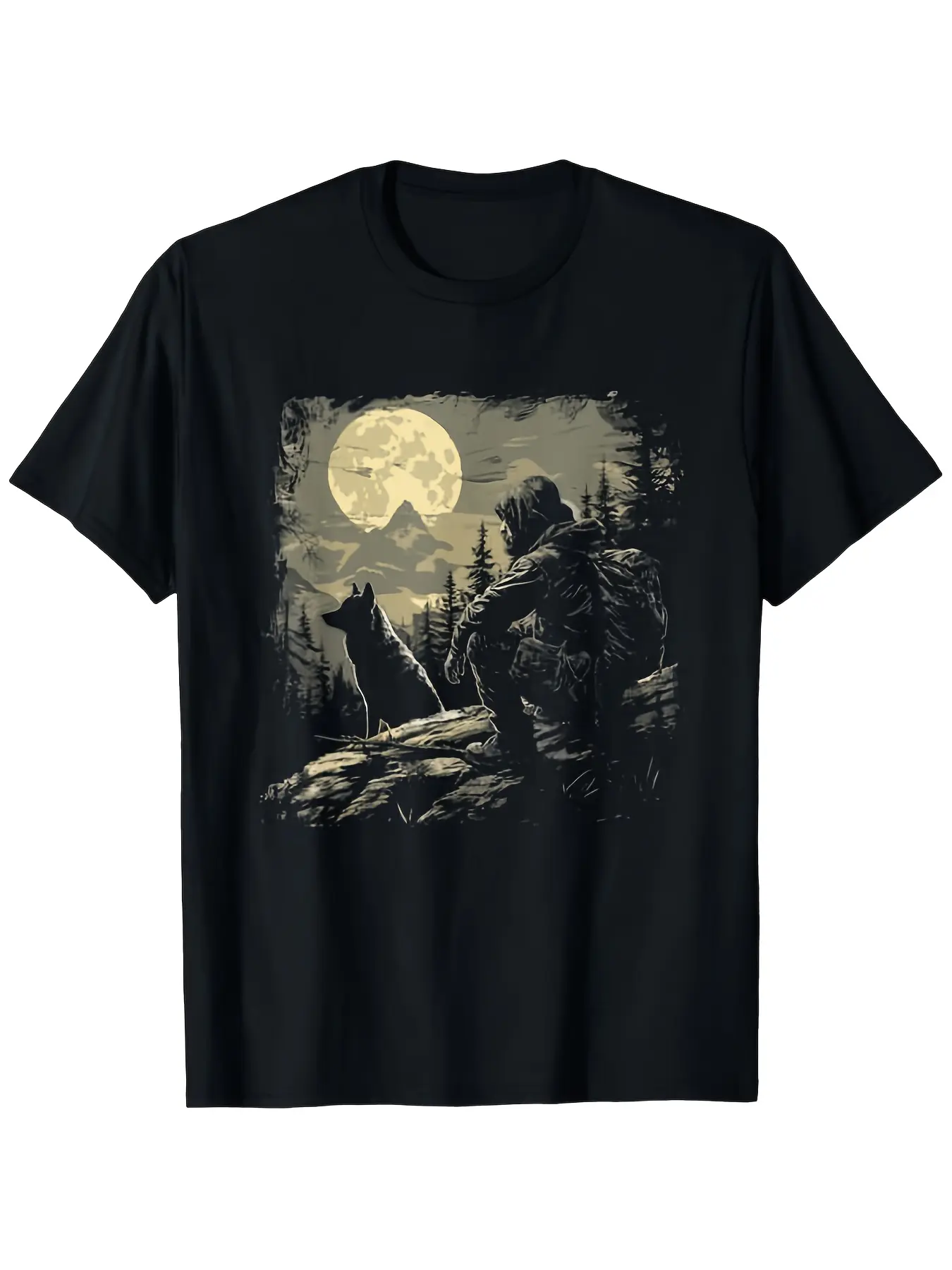 Men's Heavyweight Retro Bushcraft Camper Polyester Crew Neck T-Shirt - Black, Short-Sleeve, Regular, Stretchable Casual Fit, Outdoor Adventure Howling Wolf Moonlit Forest Print, All Seasons, Dry Clean/Hand Wash Only, Plus-Size Menswear Knit Top Gift, Roun