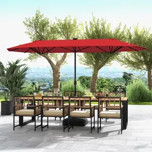 【Solar Led Lights】COSTWAY 13/15ft Large Patio Umbrella, Extra Large Outdoor Double-Sided Twin Umbrella with Base & 36 LED Lights & Crank Handle for Garden, Deck, Poolside, Patio