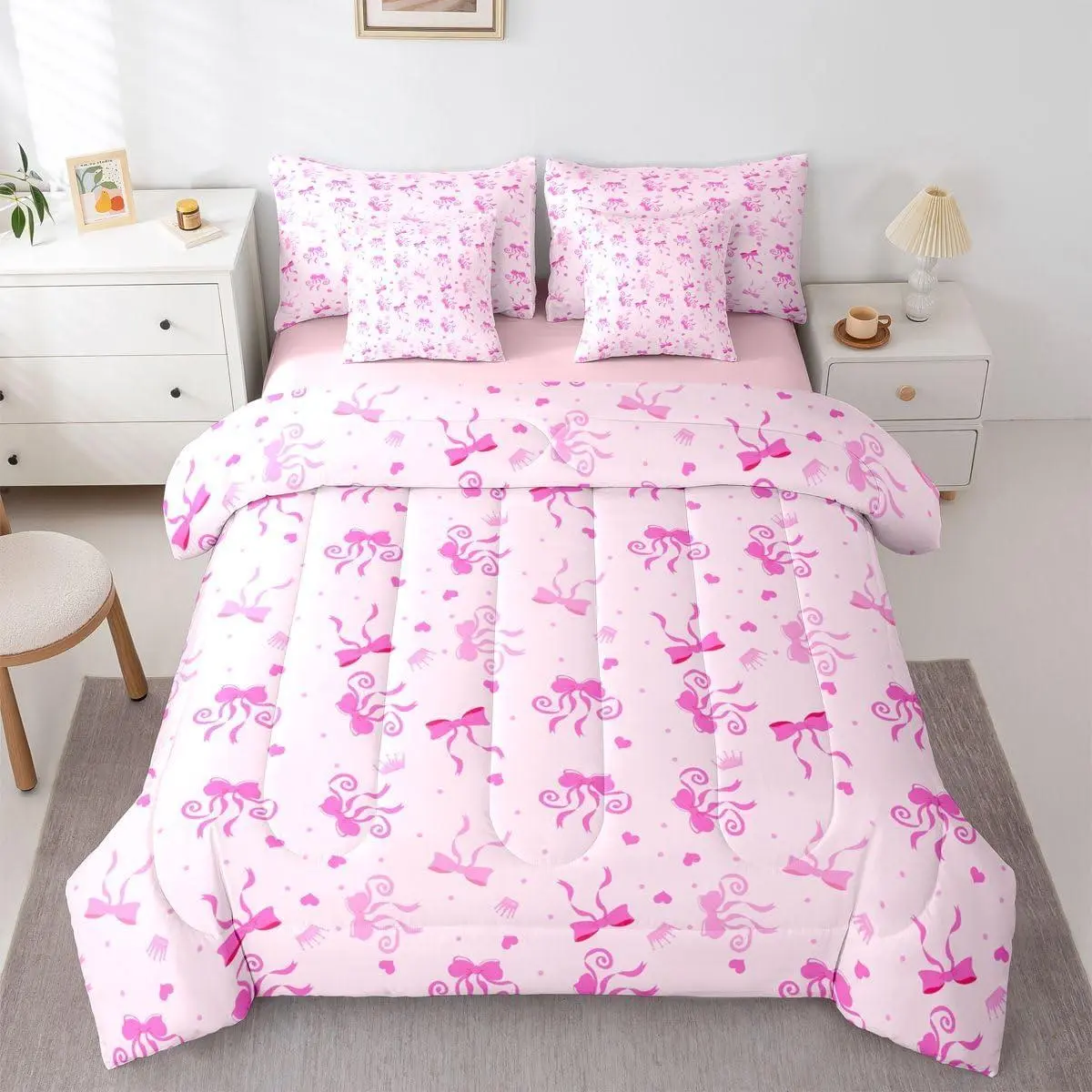 Cute Pink Bow Bedding Set,7 Piece Pink Princess Ribbon Bows Comforter Bed Set with Sheets,Girls Kids,Girly Coquette Bowtie Bed Bag,Kawaii Preppy Bow Sheet