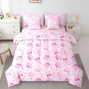 Cute Pink Bow Bedding Set,7 Piece Pink Princess Ribbon Bows Comforter Bed Set with Sheets,Girls Kids,Girly Coquette Bowtie Bed Bag,Kawaii Preppy Bow Sheet