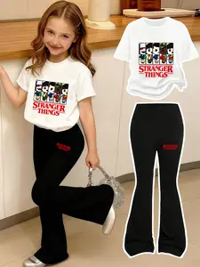 "STRANGER THINGS" Girls Cartoon Print Set, Round Neck Short Sleeve T-Shirt & Bell Bottom Pants, Comfortable Elastic Waist, Spring Summer, Casual Fashion Set