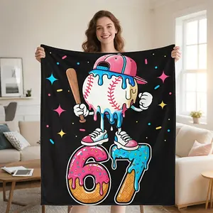 1pc Baseball and Ice Cream Drip Design Flannel Blanket | Soft, Lightweight, All-Season, Cartoon Sports Jersey Number 67, Comfortable for Bed, Sofa, Travel, and Camping, Ideal for Home Decor.