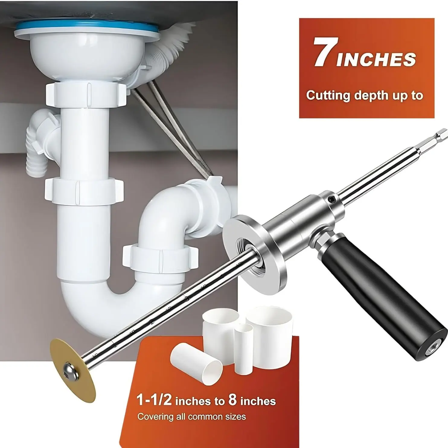 Inside Pipe Cutter for PVC Pipe Cutter, Stainless Steel Cutter with Diamond Grit Cutting Wheel and Handle, Pipe Cutting Tool, Fit for 1-1/2 Inch to 8 Inch,7 Inch Adjustable Cutting Depth,1/4in Hex Shank Fit for Impact Drivers