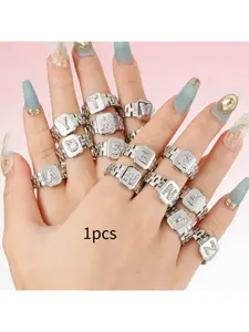 Personalized Alphabet Initial Zircon Ring, Silver Tone Adjustable Open Band Ring