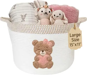 Pink Teddy Bear Cotton Rope Nursery Basket 15"x11" - Baby Girl Gift & Toy Organizer