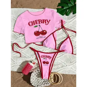 Swim Mod 3pcs Women Summer Surfing Clothing Set: Cherry Print Spaghetti Strap Bikini, See-Through Mesh Cover Up Short Sleeve Round Neck Top Knitted Swimwear Beach Vacation bikinis  sets