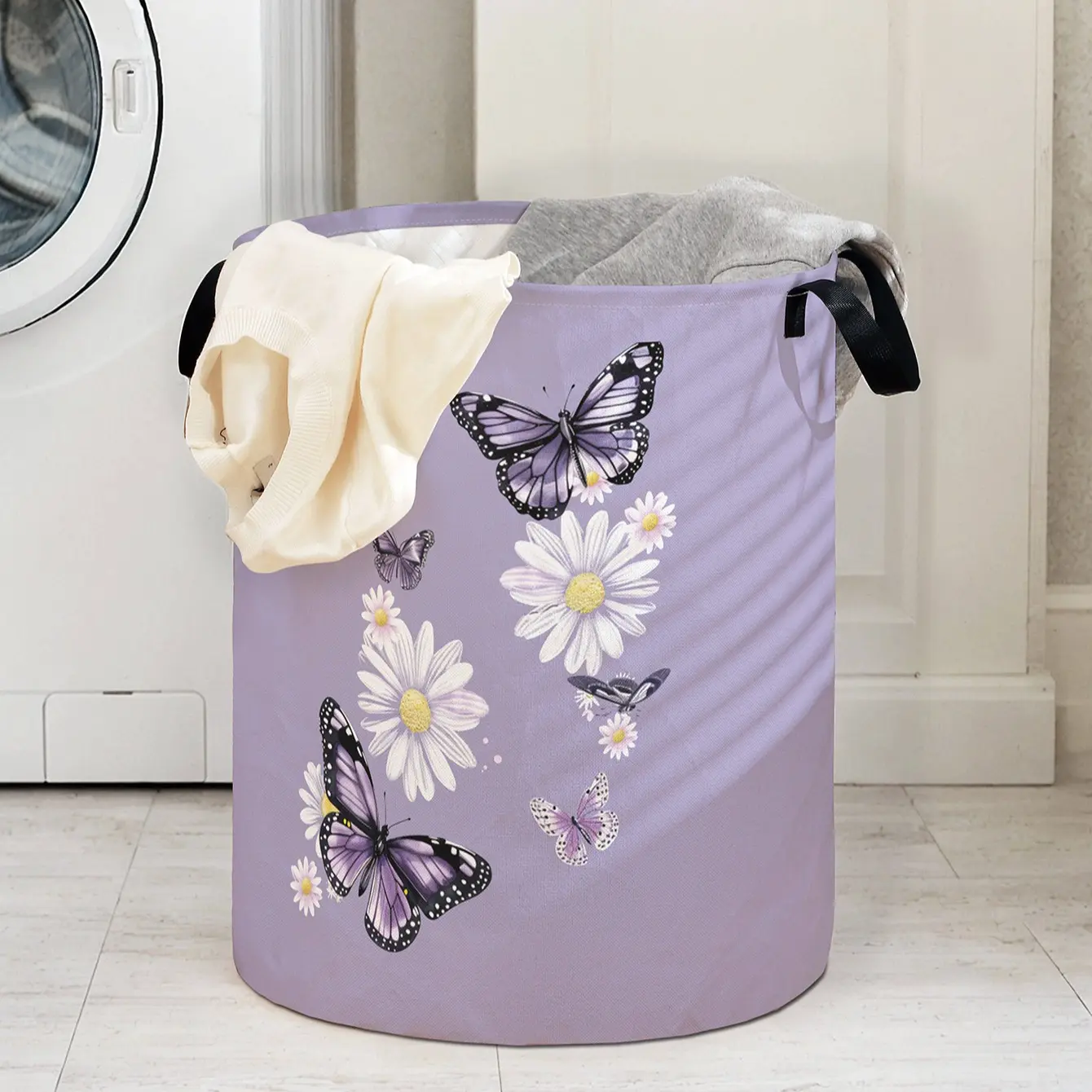 Butterfly Print Collapsible Laundry Hamper Basket with Handle, Durable Foldable Clothes Storage Bin, Large Capacity Toy Organizer for Home Use, Folding Laundry Basket