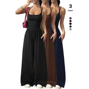 2026 Women's Sleeveless Halter Jumpsuit Ruched Waist Wide Leg Palazzo Pants One Piece Romper with Pockets