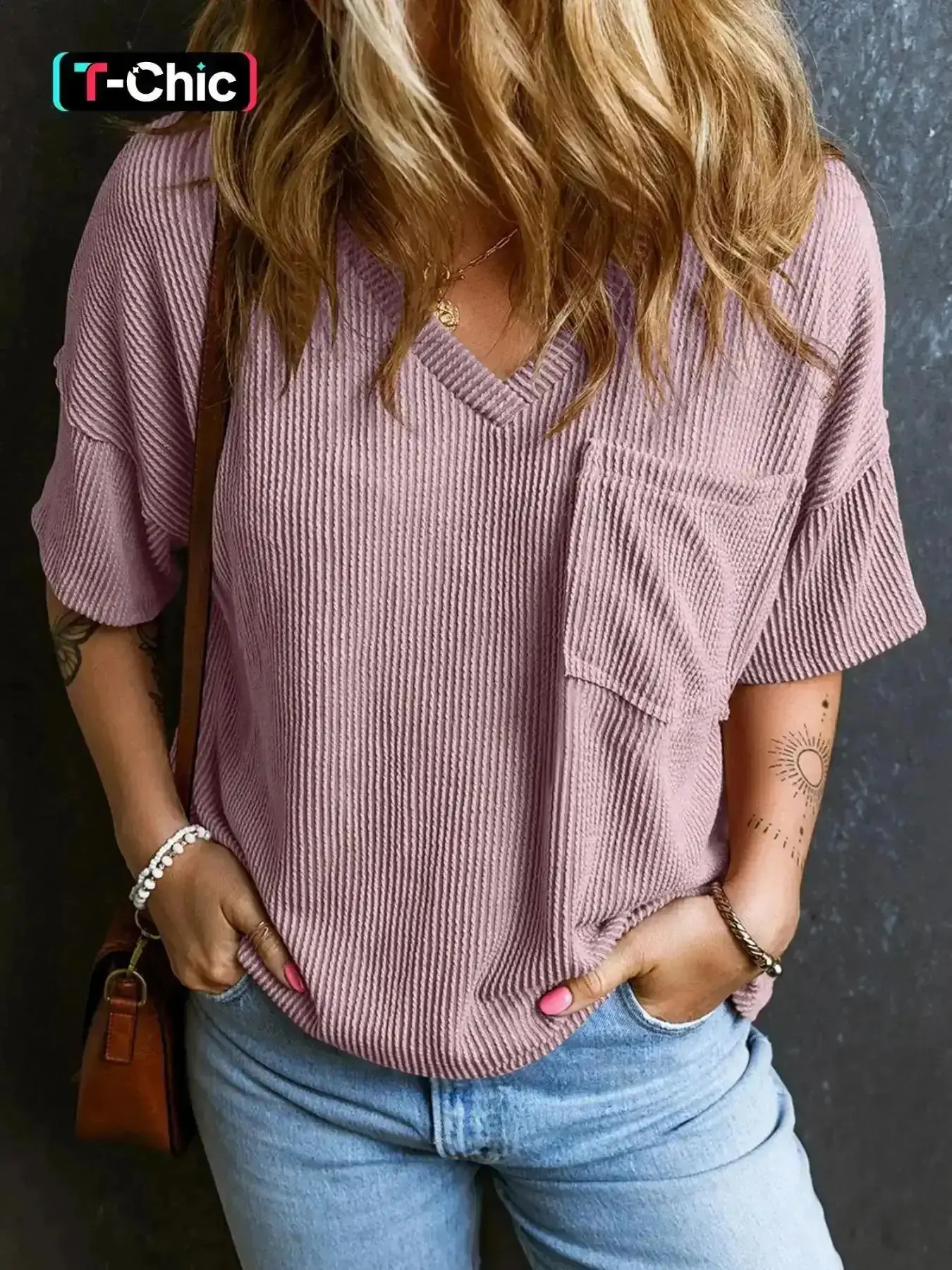 Women's Plain Textured Pocket V Neck Tee, Casual Drop Shoulder Half Sleeve T-Shirt for Summer, Ladies Clothes for Daily Wear, Casual Fashionable Top, Cute Tops, Modern Classic, Wardrobe Staple, Everyday Comfort