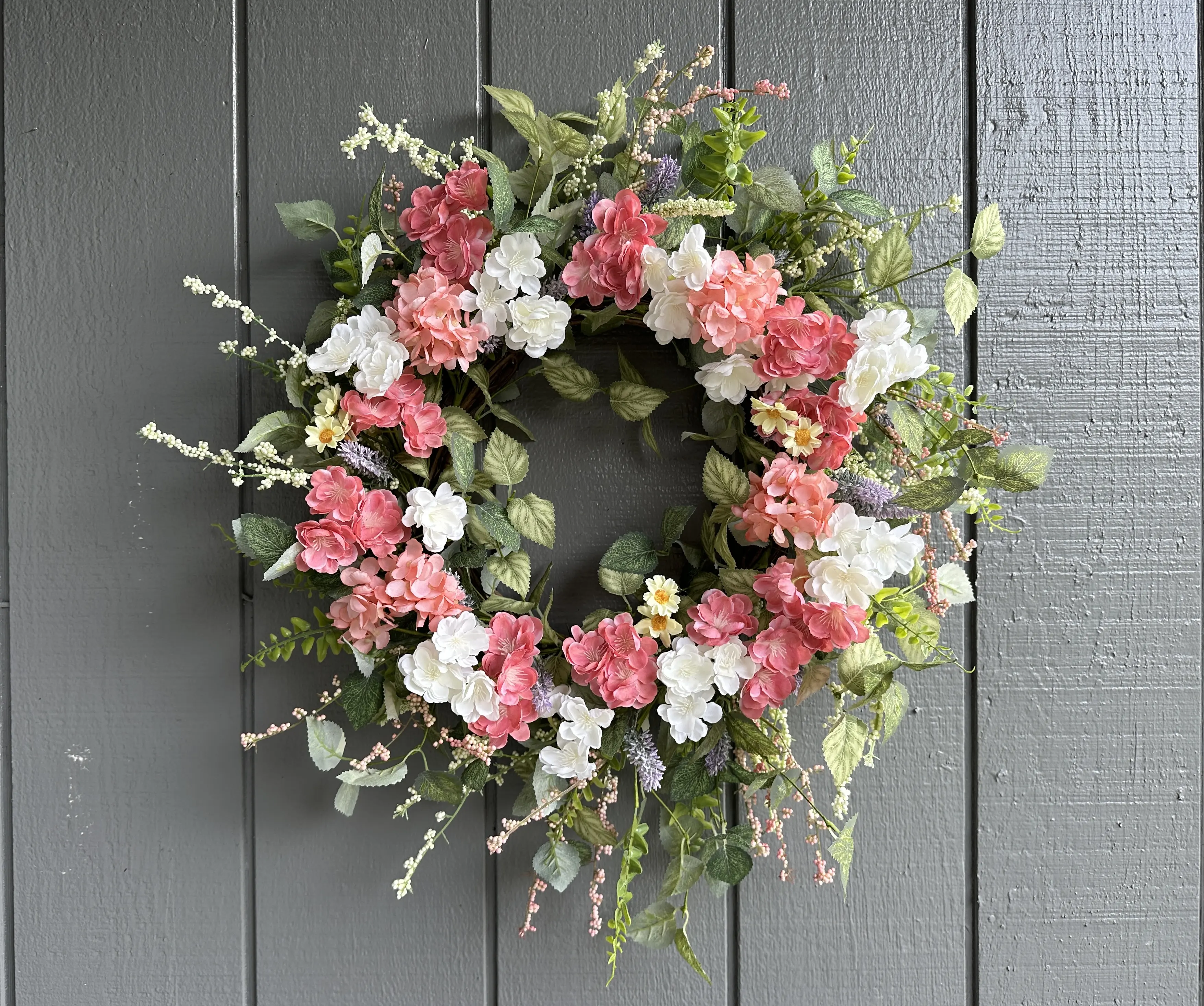 24" Pink Cherry Wreath Twig Base Cherry Tree Cream Ivory Wreath Hydrangea Wreath Summer Wreath Cherry Blossom Wreath Large Artificial Wreath Colorful Decoration