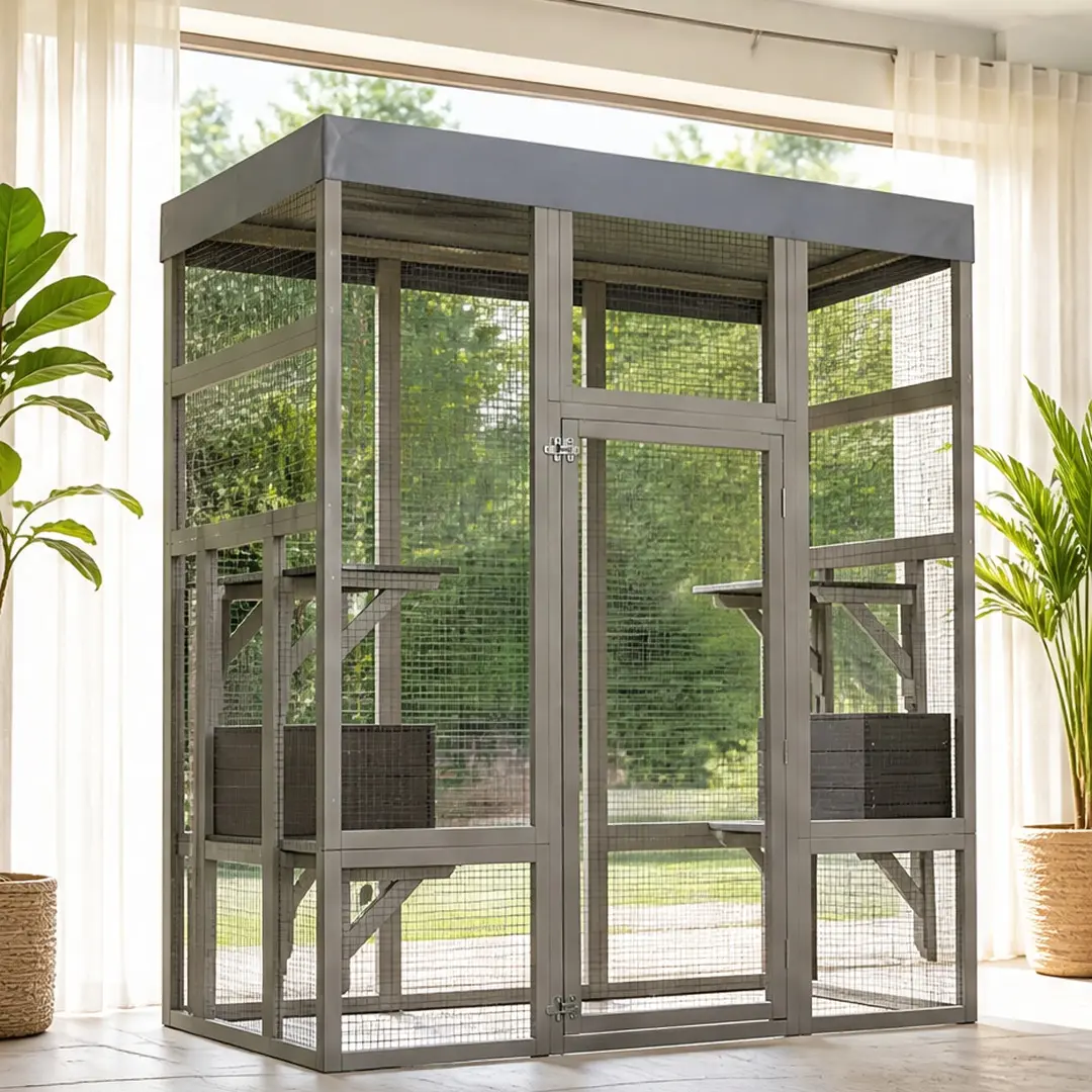 62.6" Wood Catio for Cats - Large Outdoor Pet Enclosure with Waterproof Cover, 2 Napping Houses, Platforms, Galvanized Metal Wire, Easy Access Door, 32.30" W x 62.60" D x 70.10" H, Patio/Backyard Secure Shelter (Gray Solid Wood, 62.83 lb)