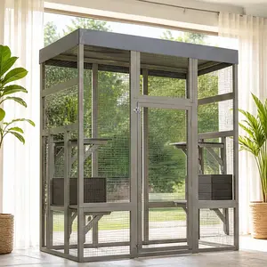 62.6" Wood Catio for Cats - Large Outdoor Pet Enclosure with Waterproof Cover, 2 Napping Houses, Platforms, Galvanized Metal Wire, Easy Access Door, 32.30" W x 62.60" D x 70.10" H, Patio/Backyard Secure Shelter (Gray Solid Wood, 62.83 lb)