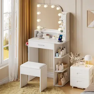 Small Makeup Vanity Desk with Mirror and Lights, 26.4" Small Vanity for Small Space with Stool and Charging Station, Compact Vanity with 3 Color Lighting Modes  for Bedroom