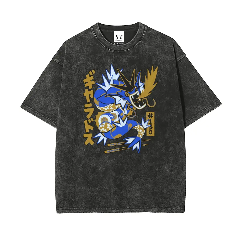 Men's Loose-Fit Vintage Graphic Tee - Washed Cotton Stretch Round Neck Short-Sleeve, Unisex Retro Print Casual Basics, Pocket Monsters Gyarados Japanese Cartoon Streetwear Tops