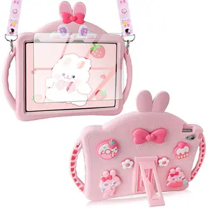 for iPad 10th Generation Case 10.9 Inch 2022 Girls for iPad A16 Case 11th Generation 2025 with Screen Protector Shoulder Straps Handle Cute Rabbit Soft Silicone Tablet Cover-Pink
