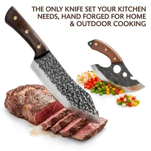 Hand Forged Butcher Cleaver Knife Set, Full Tang Sharp Chef Knife with Ergonomic Non-slip Handle, Multipurpose Meat Cutting Cooking Knives for Home Kitchen, Outdoor Camping, Backyard BBQ, Ideal Holiday Gift for Men, Dad, Cooking & Outdoor Enthusiasts