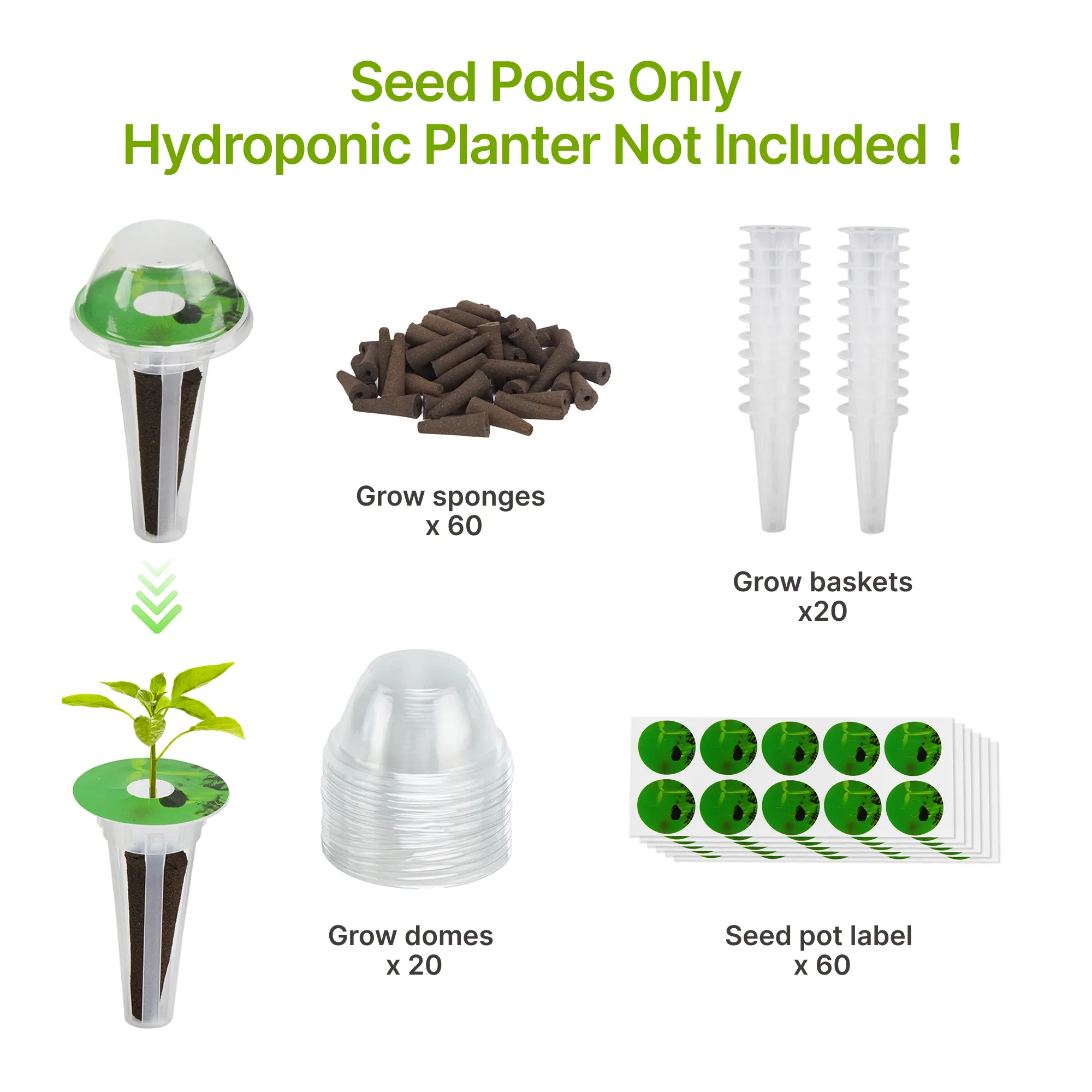 SUNCOZE 160pcs Hydroponic Pods, Accessories Compatible with Suncoze & Other Hydroponics Growing Systems, Gardening Supplies Garden Pods Include 60 Grow Sponges, 20 Grow Baskets, 20 Domes, 60 Labels