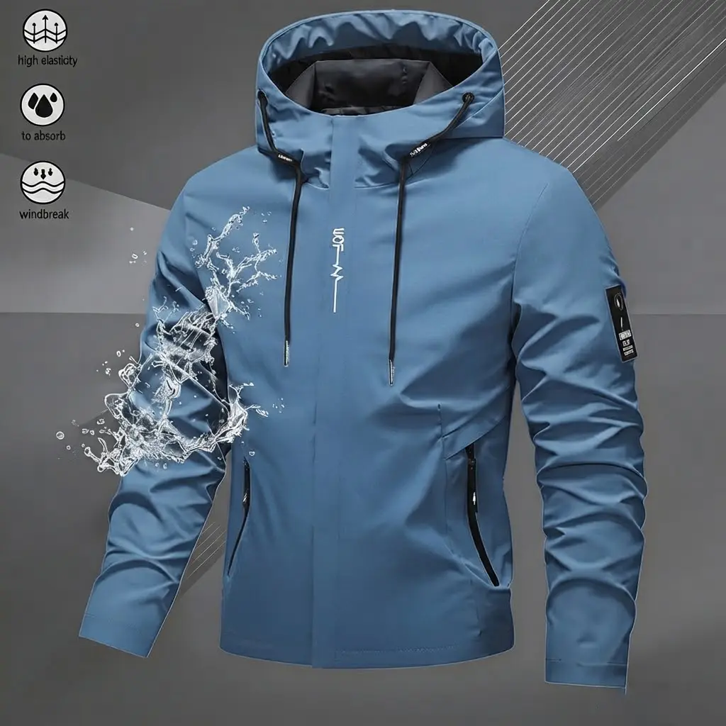 Men's Autumn-Winter Hooded Jacket - Minimalist Personalized Lettering Weather-Resistant Jackets & Coats, Windproof, Waterproof, Durable, Breathable Fabric, Ideal for Camping, Hiking