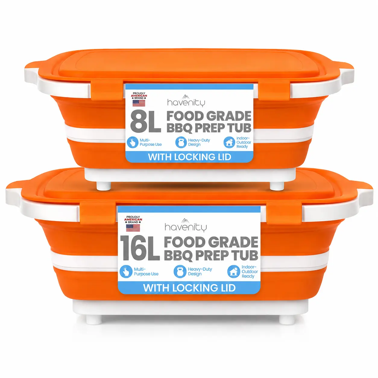 Havenity 2-Pack BBQ Prep Tub - Multifunctional Collapsible Camping Cutting Board with Lid, Food-Grade Resealable Spill-Proof Meat Storage Meal Prep Container (Large + XL) for Grilling Outdoor Cooking, Food-Grade Food Containers, Resealable Food Containers