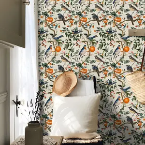 Vintage Bird & Citrus Peel and Stick Wallpaper, Removable Botanical Wall Decor, Chinoiserie Style for Bedroom, Living Room, Renter Friendly