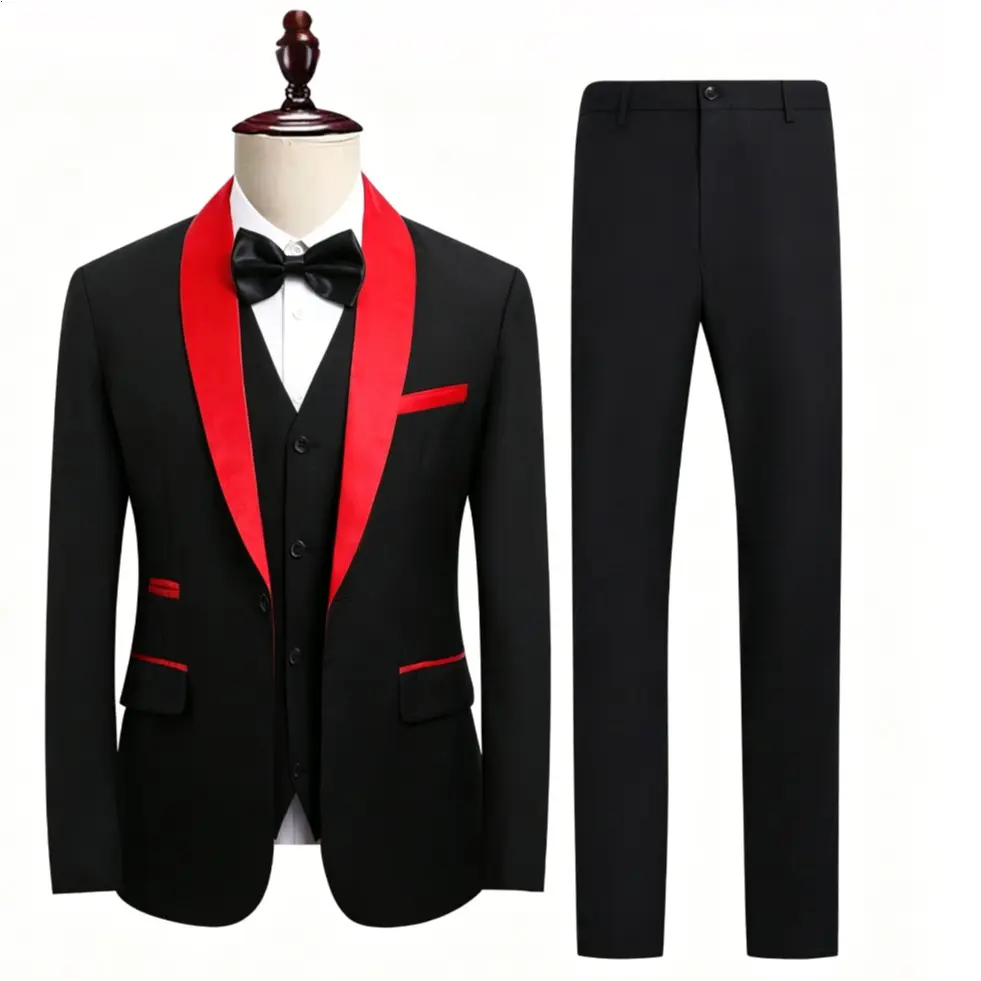 Black Blazer with Red Lapel + Vest + Pants