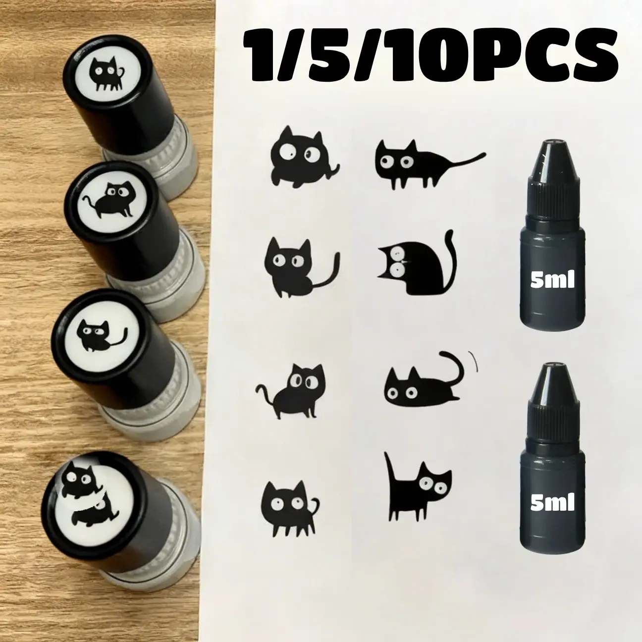 1/5/10Counts Cat Pattern Seal Set, Round Self-inking Stamp Book Stamps, Office Stationery & Supplies for School Dormitory Home, Cute Gift