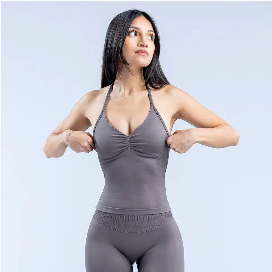 (With Logo) DFYNE Women's 2 Piece Seamless Halter Workout  - Ruched Front Tank Top & High Waist Yoga Leggings Activewear Quick-Dry Compression Fitness Set