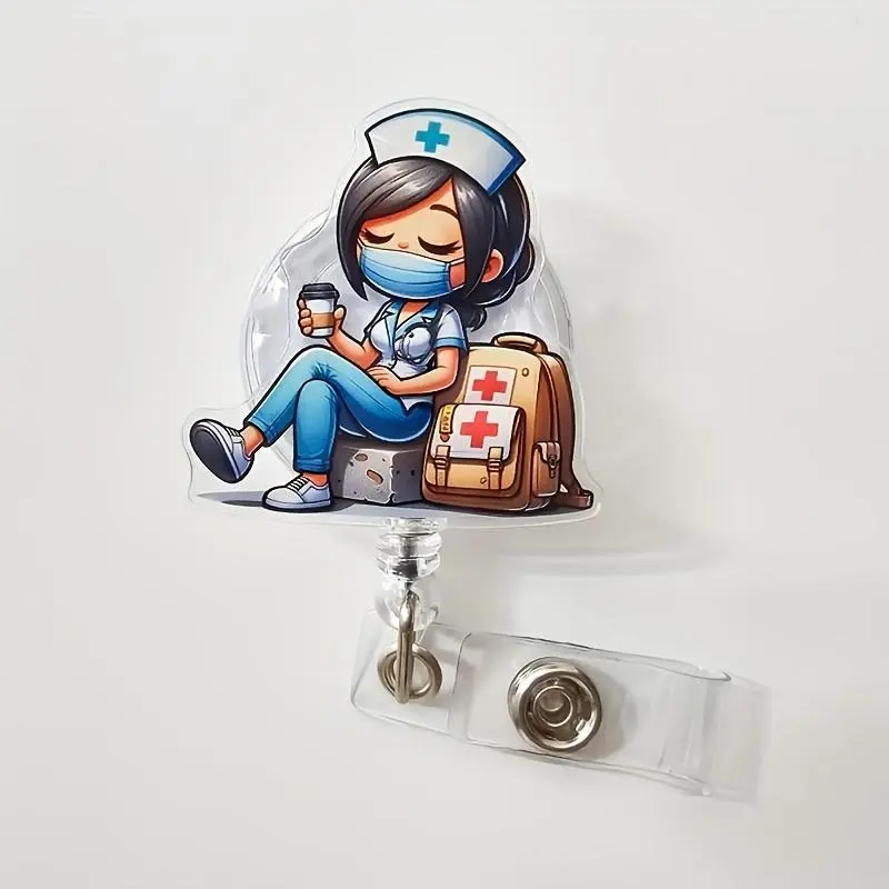 2D Nurse Themed Retractable Badge Holder, 1 Count Cute Nurse Design Badge Reel, Identification Badges & Supplies for Nurse, Doctor, RN & LPN