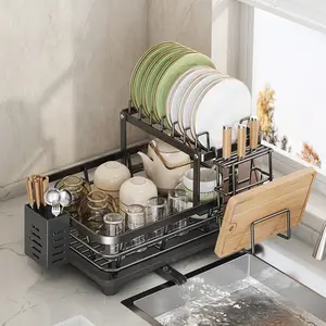 Miaoli Adjustable Metal Dish Drying Rack, Foldable Over-Sink Pull-Out 2-Tier Dish Drainer with Utensil Holder, Space-Saving Kitchen Organizer for Small Kitchens,summerwins
