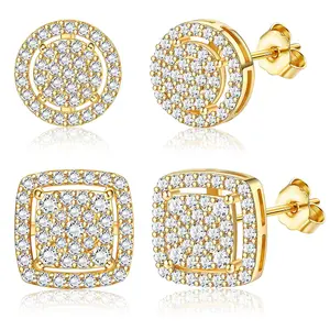 925 Silver Needle Earrings for Men Women Cubic Zirconia Halo Round Square Diamond Silver Stud Set