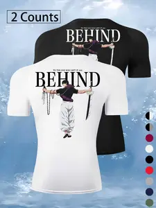 Men's Cartoon & Letter Print Round Neck Sports Tee, Quick Drying Breathable Comfortable Compression T-shirt, Athletic Tops for Gym Workout Running, Casual Sportswear for Summer, Athletic Fashion