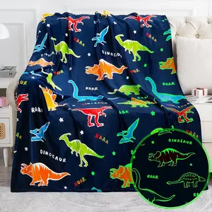 Dinosaur Print Luminous Blanket, 1 Count Soft Comfortable Blanket, Cool Bedroom Bedding Blankets for Home Office Travel Camping