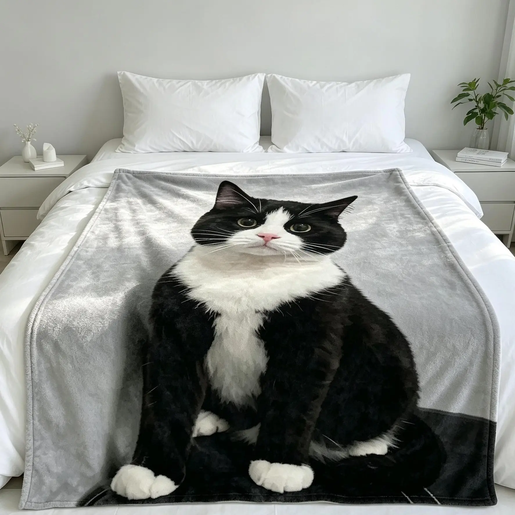 Cute Tuxedo Cat Throw Blanket, Realistic Black and White Cat Print Fleece Blanket, Soft Cozy Pet Animal Decor Blanket for Couch Bed Sofa, Lovely Gift for Cat Lovers Pet Owners
