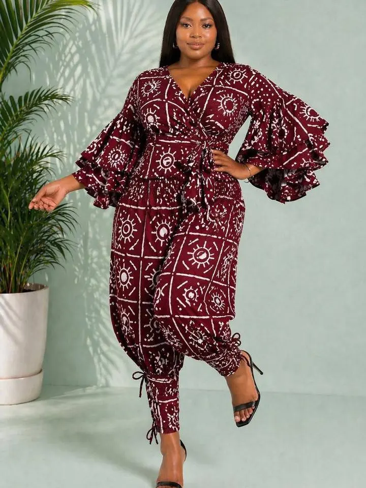 Ruby Muse Women's Ankara Clothing Set - Wrap Top, Long Sleeve Top, Pants for Day Wear, Soft Power, Effortless Elegance, Clothes