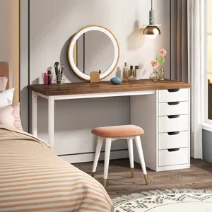 Tribesigns 47 inches Vanity Desk with 5 Drawers, Rustic Brown Makeup Vanity Table Dressing Table with Storage, Modern Simple Computer Desk for Women, Girls nailtechdesk