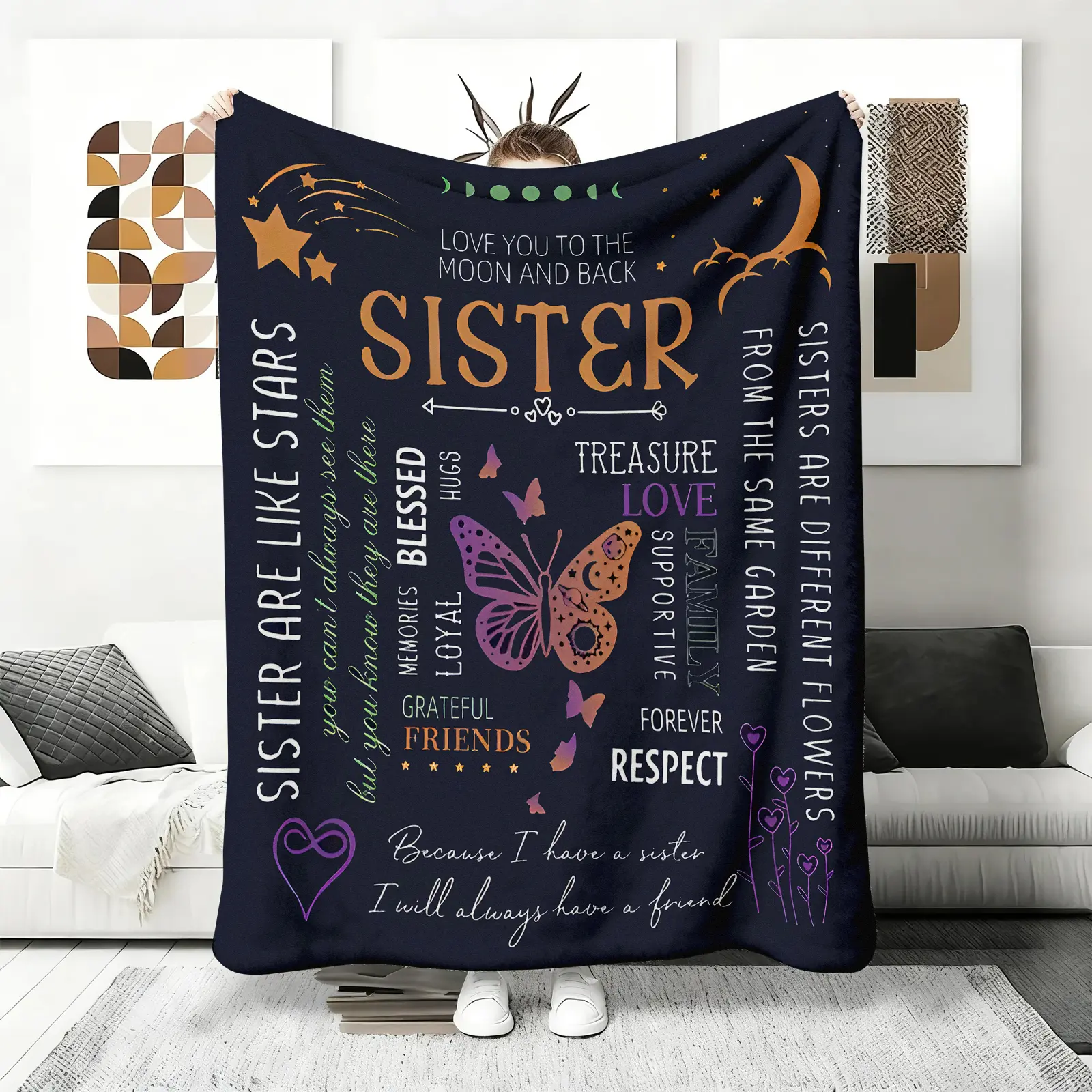Butterfly & Letter Pattern Blanket, Present for Sister, Soft Warming Flannel Blanket, Napping Blanket for Rest Home Bedroom, Machine Washable Blanket, Perfect Novelty Gift for Friends Adults Women Men,  bedding ,plush blankets,mellow blanket