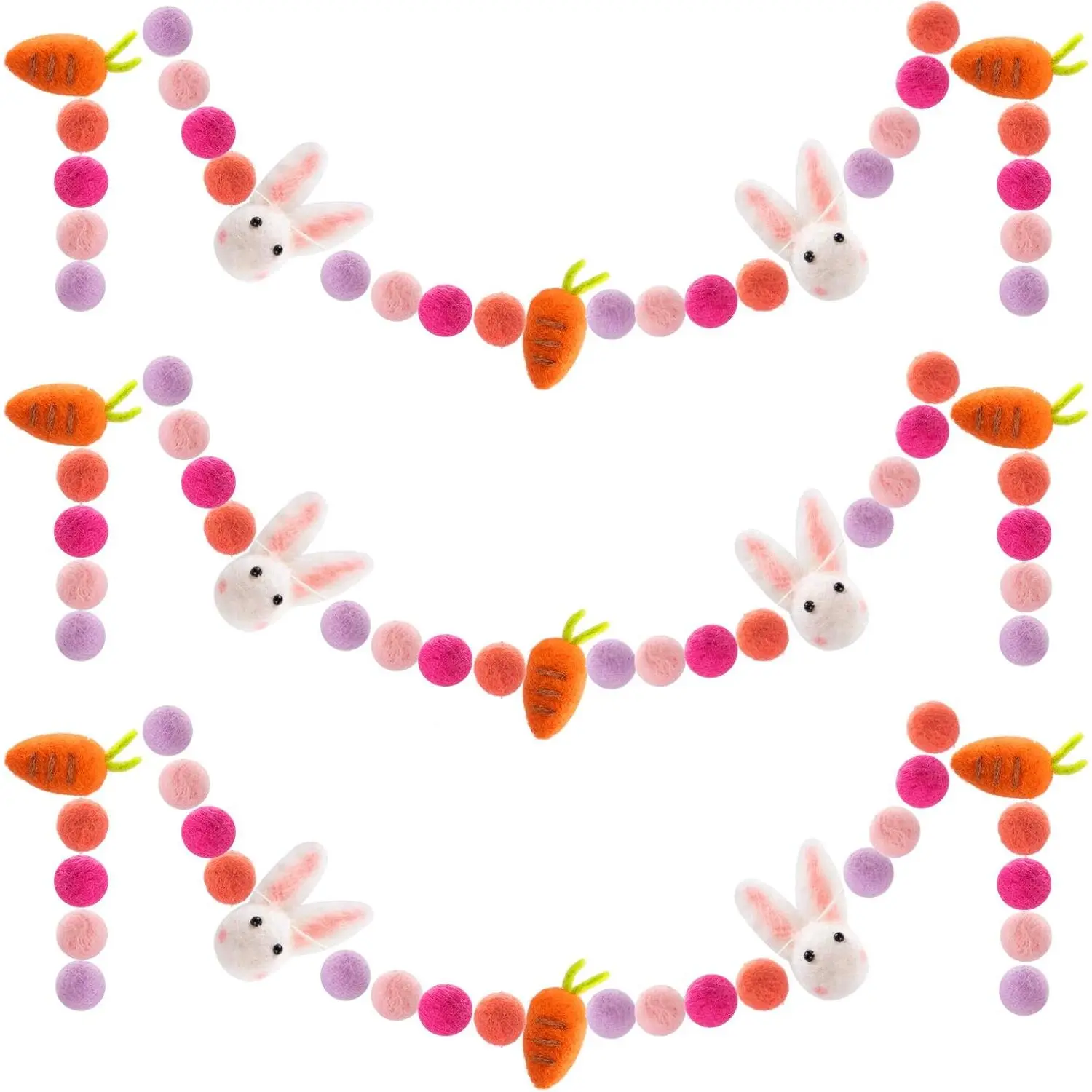3 Pieces Easter Felt Ball Rabbit Carrot Garlands - 6.6 Feet Handmade Pom Bunny Hanging Banners Spring Tree Ornaments Party Favors for Home Bedroom Living Room Wall Decors