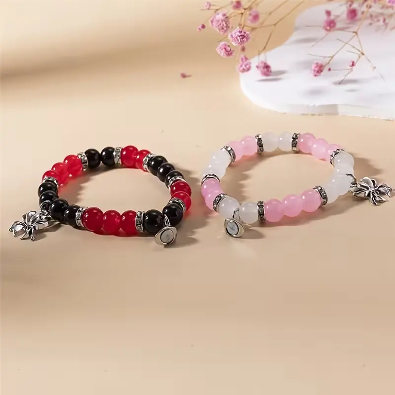 Couples Bracelet Sets with Magnetic Spider Heart Pendants, Beaded Long Distance Friendship Jewelry, Matching Heart Bracelets, Friendship Bracelets & Bangles