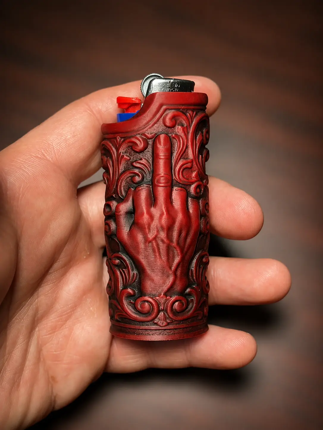 Middle Finger Bic Lighter Sleeve 2-Pack, 3D Printed Ornate Design, Textured Grip, Fits A Standard Bic