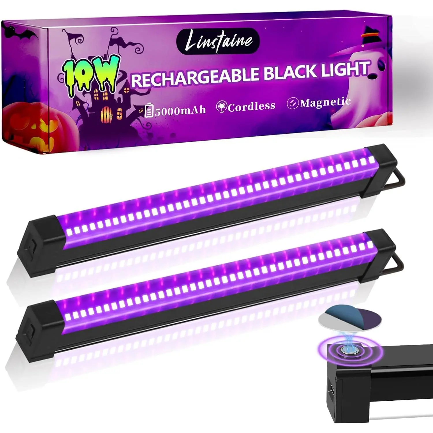 2-Pack Cordless Rechargeable Black Light Bars, 5000mAh Large Capacity Batteries, Portable Glow Party Supplies for Halloween, Uranium Glass, Fluorescent Posters, Bedroom