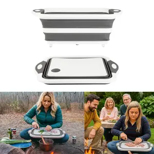 Collapsible BBQ Prep Tub/Cutting Board 10L, Foldable Dish Tub with Colander, Portable Camping Sink, Multifunction Dishing Basin Bucket Wash Tub for Kitchen Fruit Vegetable Picnic