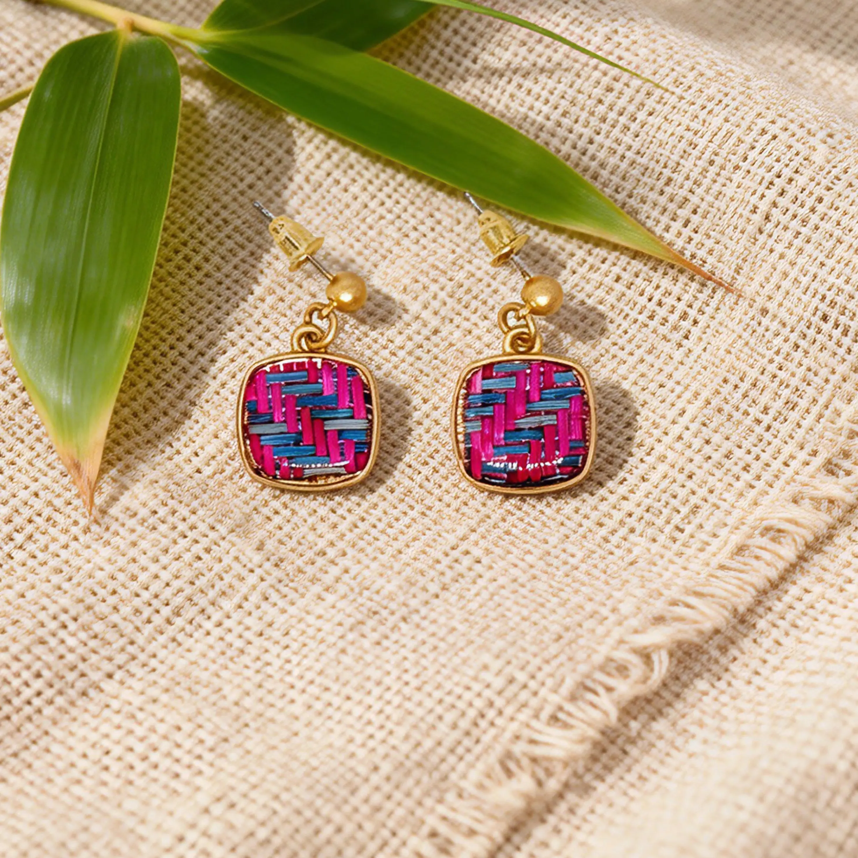 Women's Hypoallergenic Bamboo Woven Rounded Square Drop Earrings - Handmade Soft-Edge Geometric, Vintage Whimsical Costume Jewelry Fashion Accessories stud jewellery