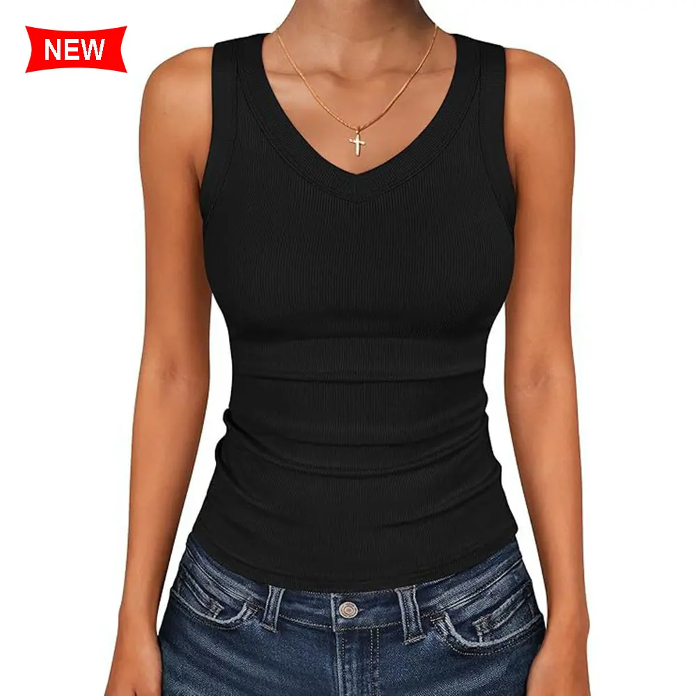 Women Racerback Basic Tank Summer Camisole V Neck Slim Fit Ribbed Sleeveless