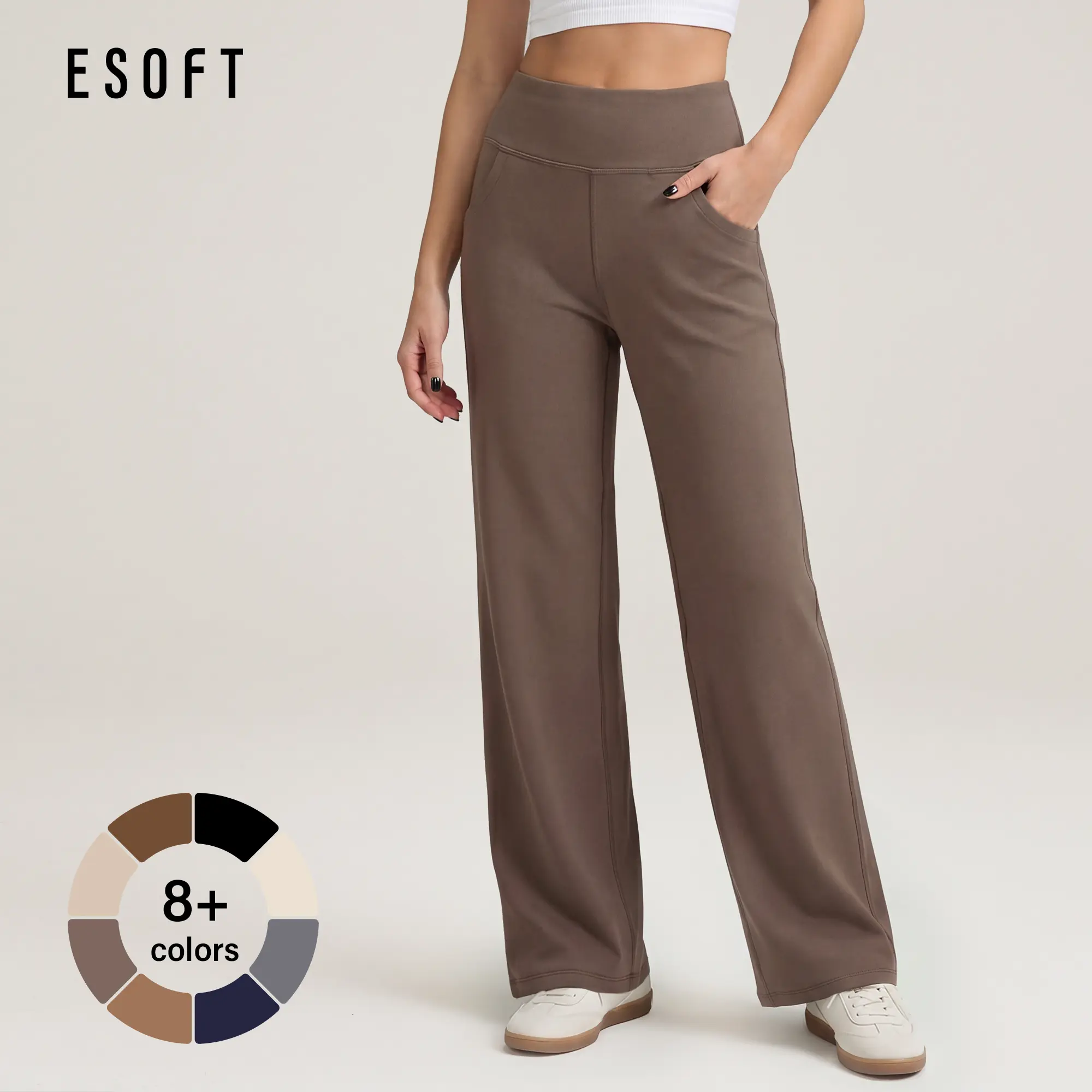 ESOFT Women's High-Waisted Wide Leg Casual Khaki Trousers - Lady's Sports Bottoms with Pockets, Clothes for Women Suitable for Yoga, Trouser, Khaki Pants, Casual-Yoga Style For Relaxed Days