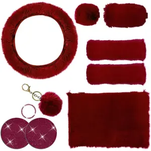 10 count   Accessories Set, Furry Steering Wheel Cover with Warm Fuzzy Gear Shift Cover Ball  Handbrake Cover Console Seat Belt  Pads &   Ring Cup Mats (Red)
