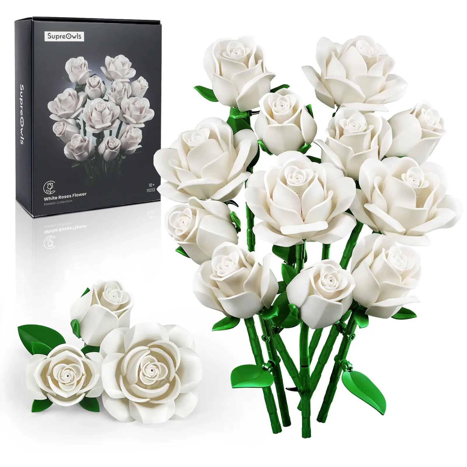Supreowls DIY White Rose Brick Bouquet – Floral Brick Building Kit for Adults, Women, Brides & Bridesmaids, Collectible Toy or Mindful Construction Activity, Perfect Wedding Flower & Party Décor & Christmas Gift