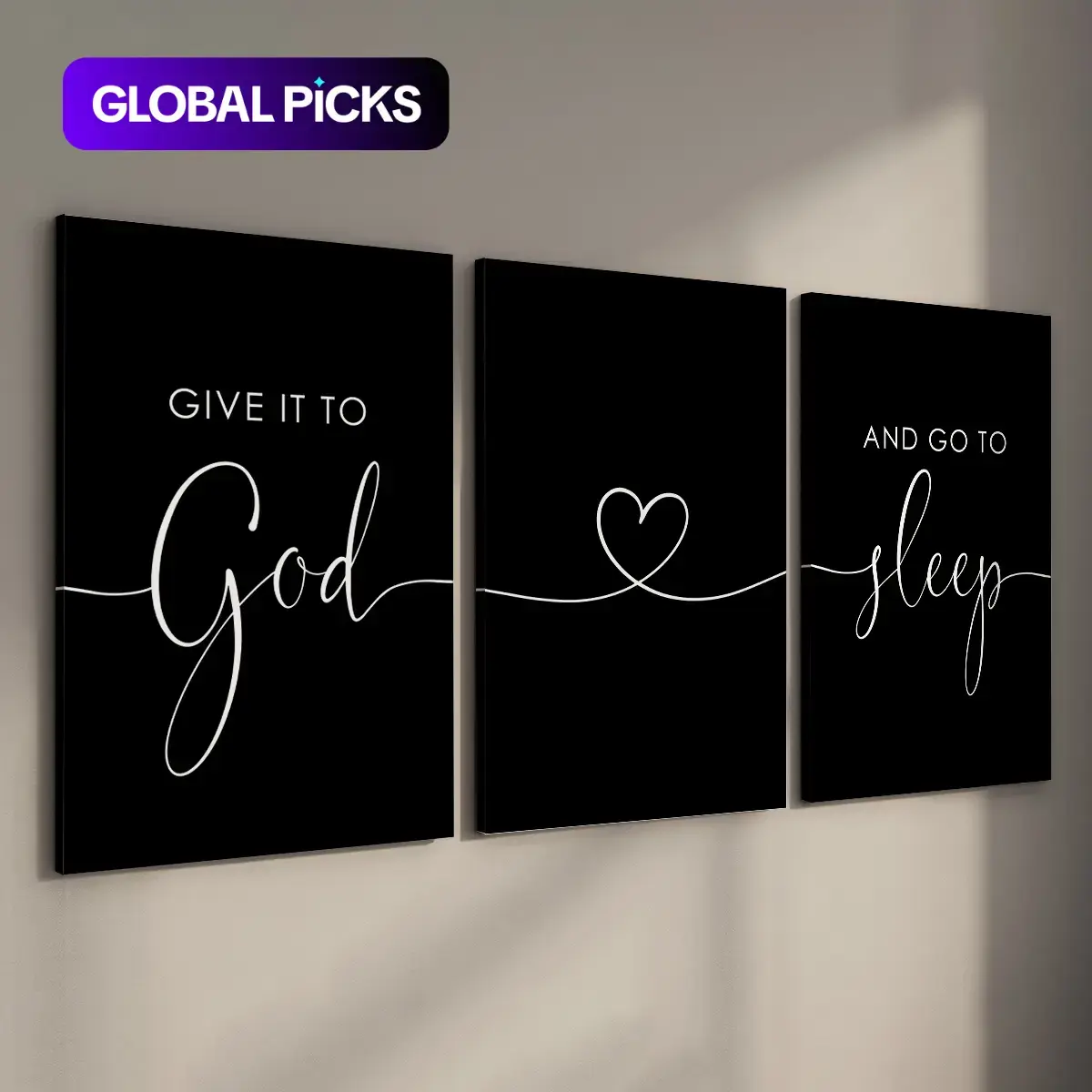 Wood Framed Canvas Wall Art, 3 Counts/set Give It To God and Go To Sleep Letter Pattern Wall Decor, Wall Art for Home Living Room Bedroom Office Gallery, Ornaments