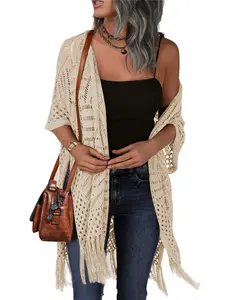 Womens Knit Cardigan Open Front Outwear New Spring & Summer Hollow Out Crochet Tassel Lightweight Kimonos Sweater Springtok dealsforyoudays Outdoorfun